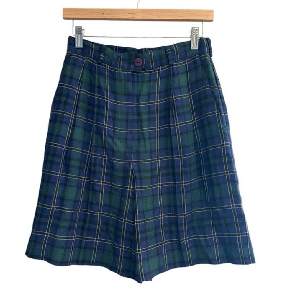 Marisa Christina Blue & Green Plaid High-Waist Shorts